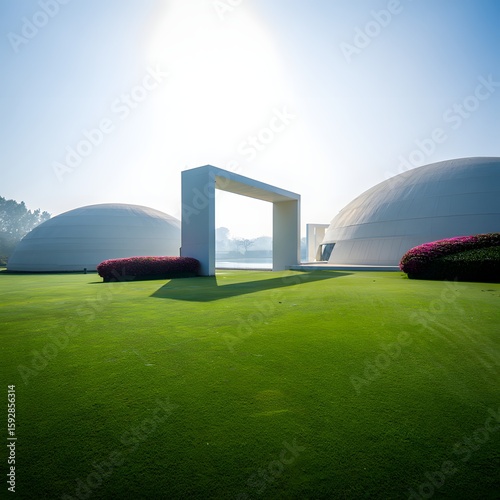 Tranquil Symmetry: Modern Architecture and Serene Landscape