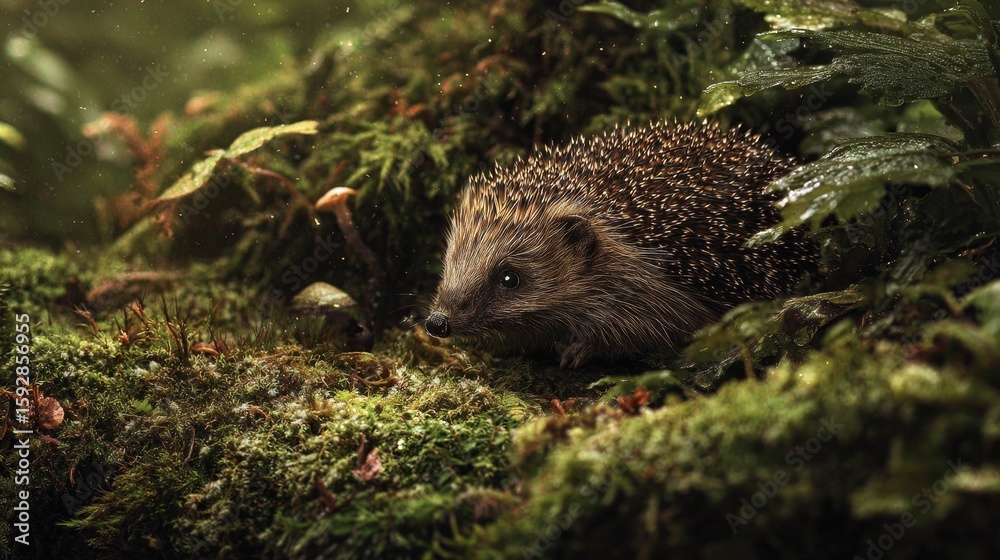 Naklejka premium Hedgehog in lush green forest underbrush with dewy moss and leaves