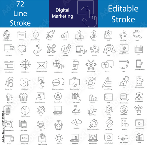 Digital marketing and SEO line icons set. Marketing & Search Engine Optimization outline icons collection. Website, search, mail, analysis, content, strategy, development, store - line vector.
