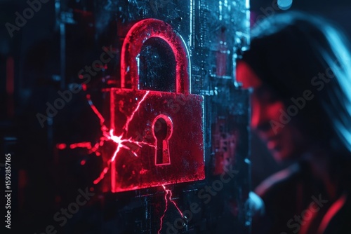 Hacker attack. Security breach, system hacked, internet cyber attack alert with red broken padlock, cybersecurity