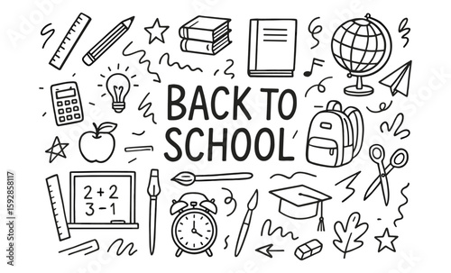 Back to school linear doodle art with educational icons and supplies