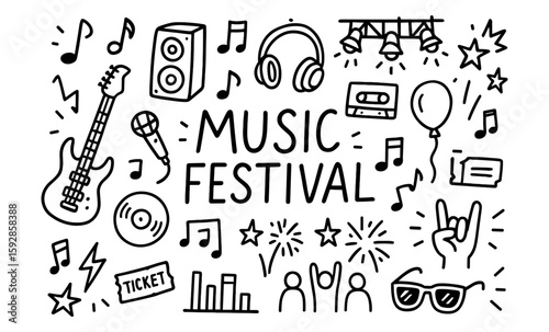 Hand drawn music festival elements with musical instruments and icons