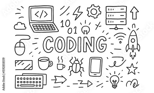 Hand drawn technology and coding icons with doodles and symbols for web design