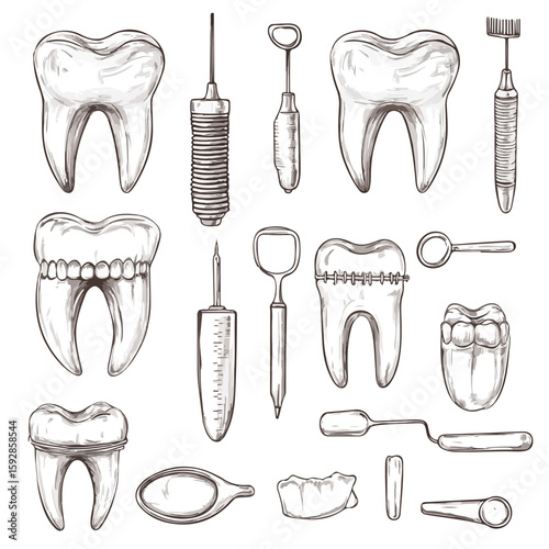 Hand-drawn Stomatology Attributes Sketch Set