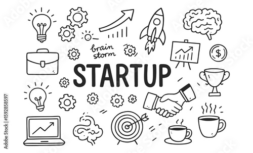 Hand drawn elements for startup concept with doodle icons and business themes