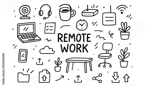 Minimalist doodle icons depicting remote work essentials and home office setup