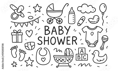 Doodle baby shower elements with cute icons and hand drawn style