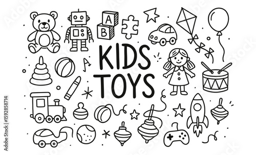 Hand-drawn children's toys collection: playful outlined icons featuring classic and modern favorites