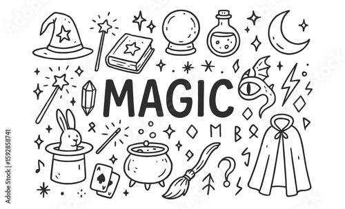 Magic icons: doodle style fantastical items including wands, potions, and wizardry symbols