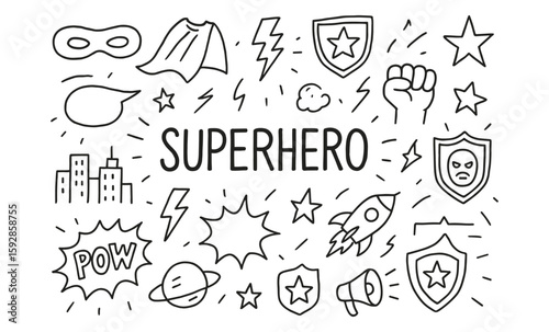 Superhero doodle set featuring capes, masks, lightning, and stars in black and white