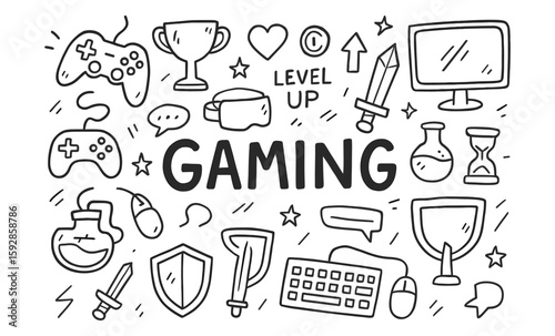 Gaming doodle set with console, keyboard, sword, shield, and trophy icons