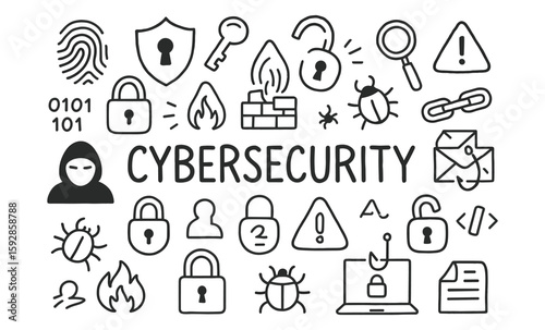 Cybersecurity elements collection with linear icons, locks, firewalls, and threat symbols