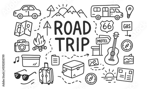 Road trip adventure doodle art featuring travel icons and symbols