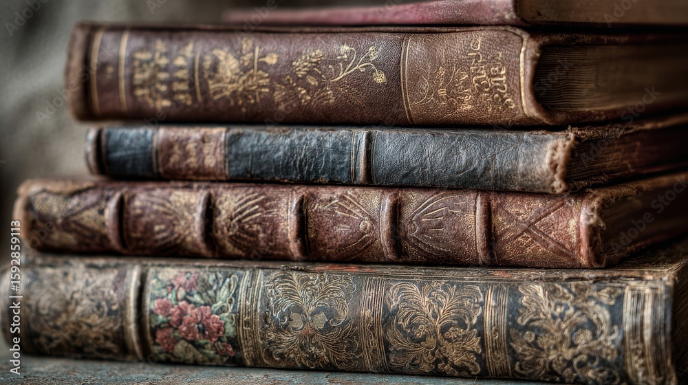 Fototapeta premium Stack of antique leather-bound books with ornate covers