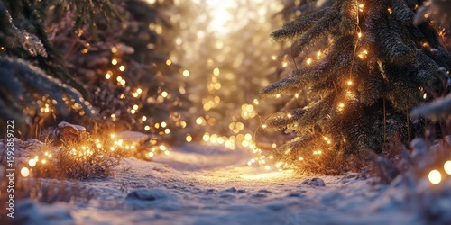 A nighttime scene of a snow-covered forest path lit by twinkling lights on the trees