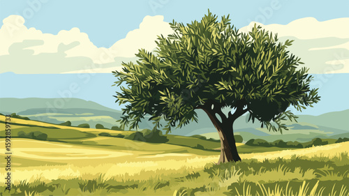 Simplistic Rural Scenery Landscape with Olive Tree in Field