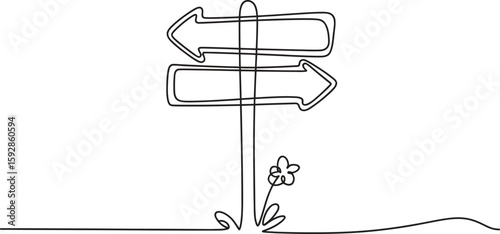Hand-Drawn Continuous Line Art of Road Direction Signpost with Arrows