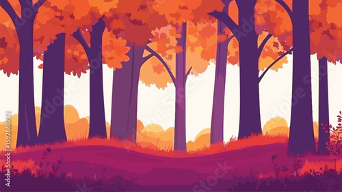 Vibrant Purple and Orange Autumn Forest Scene with Fall Simplicity
