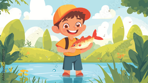 Joyful boy catching fish illustration