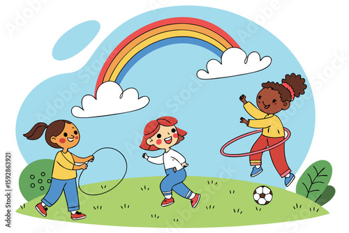 Diverse children playing with hula hoops and a soccer ball under a rainbow