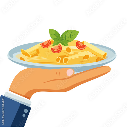 A hand gracefully presents a plate of delicious penne pasta, garnished with tomatoes and fresh basil