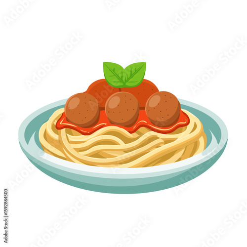 Delicious spaghetti with meatballs, tomato sauce, and basil leaves in a ceramic dish, ready to be eaten. A culinary delight