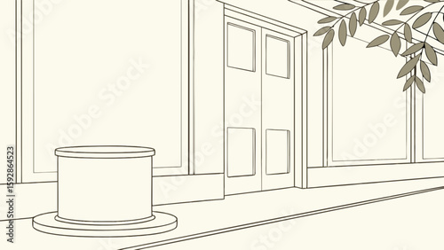 Illustration of storefront with water well and leaf canopy art drawing design vector graphic image