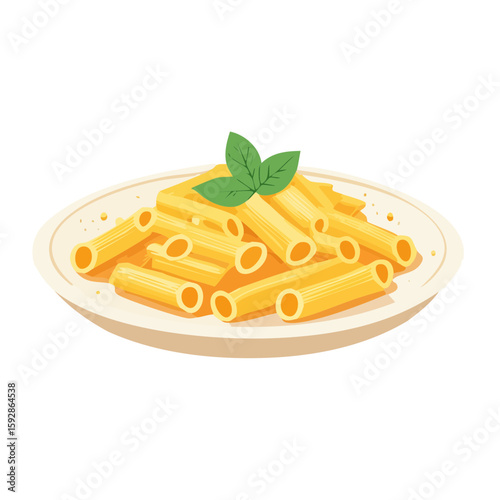 A plate of delicious rigatoni pasta garnished with a fresh basil leaf