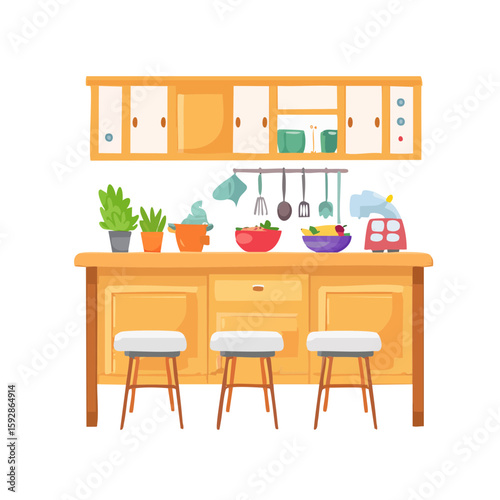 A cozy kitchen interior illustration featuring a well-designed layout. It includes cabinets, countertops, stools, and various kitchen items