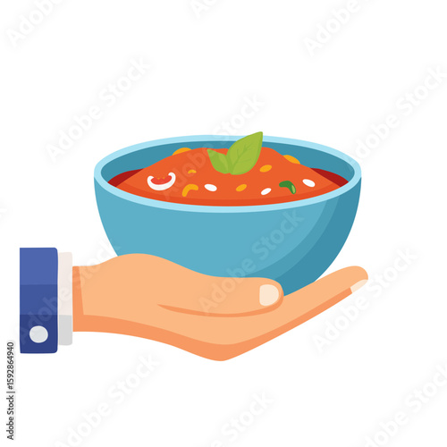 A hand presenting a bowl of fresh, appetizing chili, the soup looks tasty and ready to eat