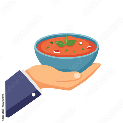 A person's hand holding a bowl of appetizing soup