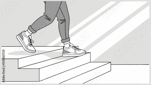 Illustration of person walking down stairs wearing sneakers and jeans in black and white style design