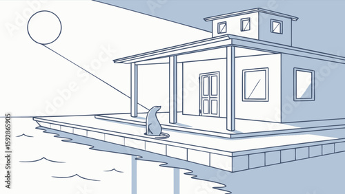Line art drawing of waterfront house on dock with seal watching the sun on the water landscape view
