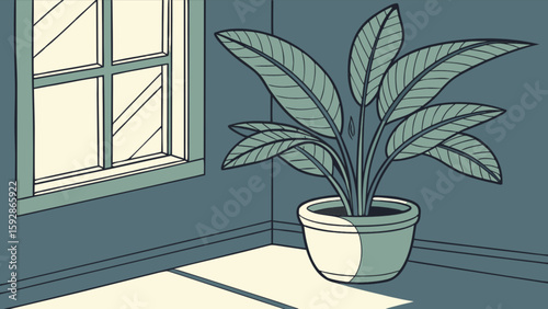 Indoor potted plant illustration with window light for home decor and interior design inspiration art drawing