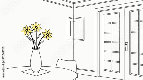 Interior design drawing of dining room with flowers vase table and door illustration vector line art