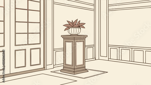 Elegant interior design drawing of a room with potted plant on pedestal and paneled walls decor