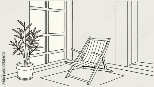 Indoor relaxation scene with deck chair plant and window for home decor and interior design ideas 100