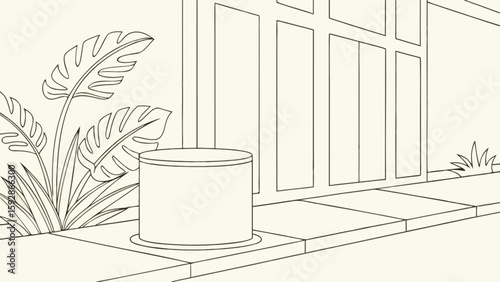 Line art drawing of tropical plants and a can on a sidewalk near a building for coloring pages art