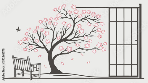 Cherry blossom tree art print with bench and sliding door for zen garden wall decor and peaceful home art