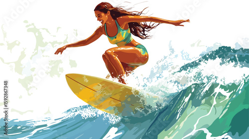 Joyful girl surf vector illustration