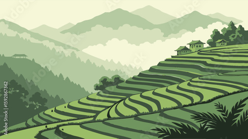 Scenic rice terraces landscape illustration with mountains and rural houses in vietnam rural tourism concept