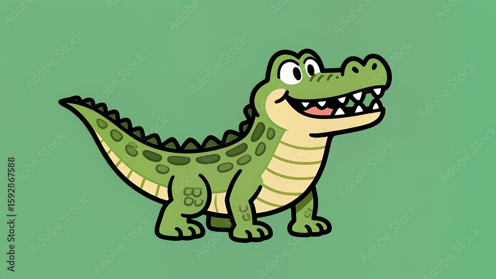 Naklejka premium Smiling cartoon crocodile with green body and cheerful happy face
