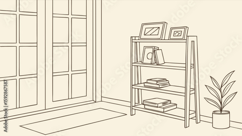 Drawing of interior design featuring bookshelf, plant, pictures, door and rug for home decor ideas