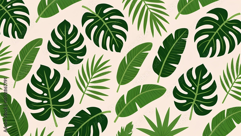 Fototapeta premium Tropical leaf pattern with monstera and banana on green backdrop