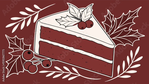 Delicious christmas cake slice with holly berries and leaves for holiday dessert baking recipe illustration