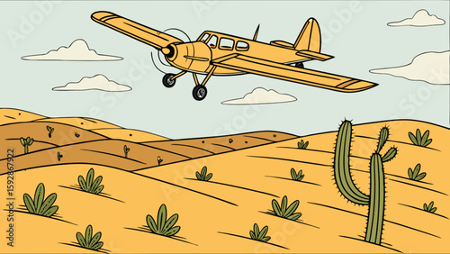 Vintage airplane flying over desert landscape illustration travel adventure scenic aviation transportation flight