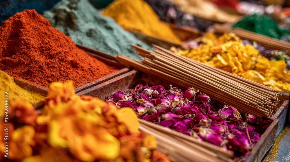 Fototapeta premium Colorful spices and flowers display at a vibrant market stall