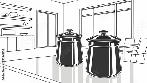 Black and white kitchen interior design with storage containers and dining area illustration art