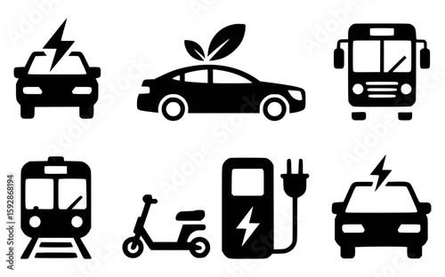 Electric vehicle icons including car bus train scooter and charging station vector