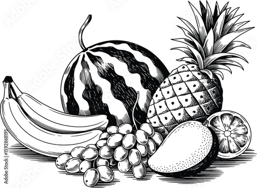 Assorted Fruits Vector Illustration, Tropical Fruit Collection in Black and White.
